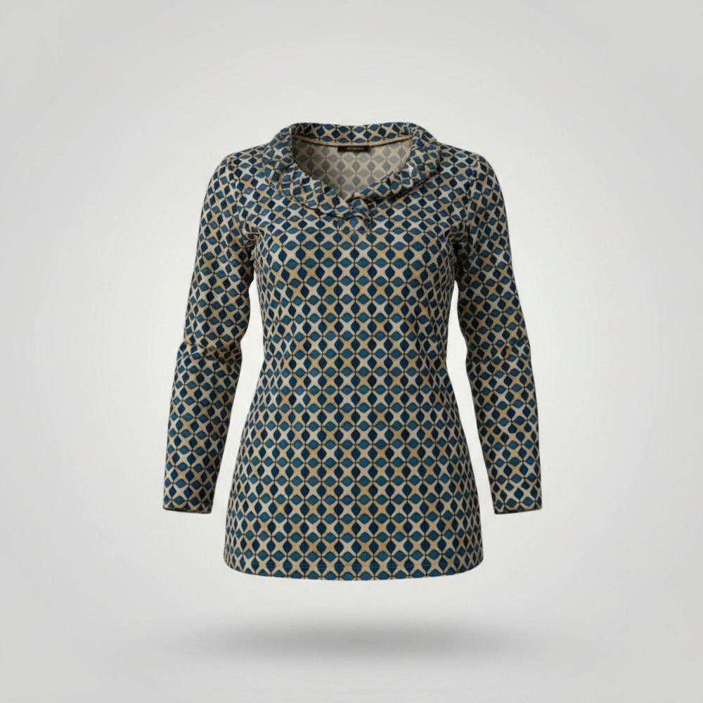J.McLaughlin Durham Ruffle Top Women Medium Blue Geometric Catalina Cloth Career